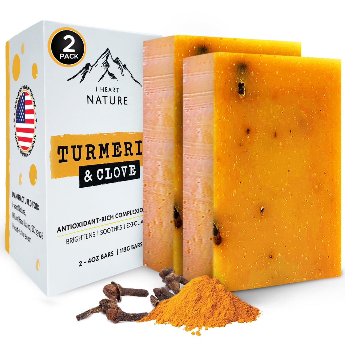 Organic Turmeric Soap for Dark Spots & Acne with Clove Bud (2 Packs) – Face & Body Bar – Rich, Creamy Lather for Natural Skin Glow Aromatherapy