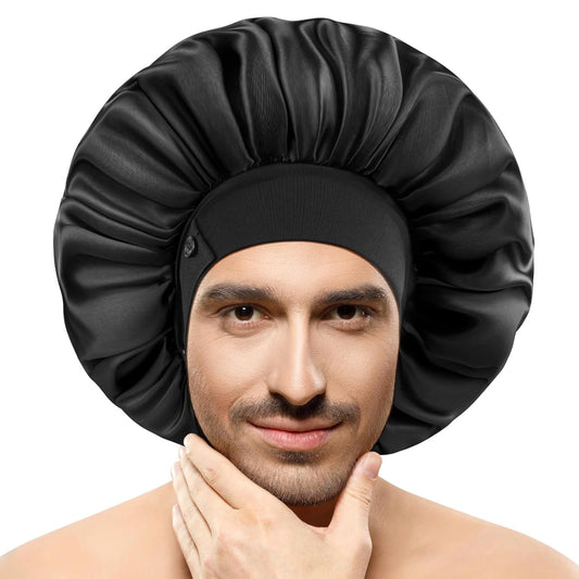 Silk Bonnets for Men, Satin Bonnet for Sleeping, Adjustable Hem & Double Layer, Large Sleep Bonnet for Curly Hair Braids Stay on All Night (Black)