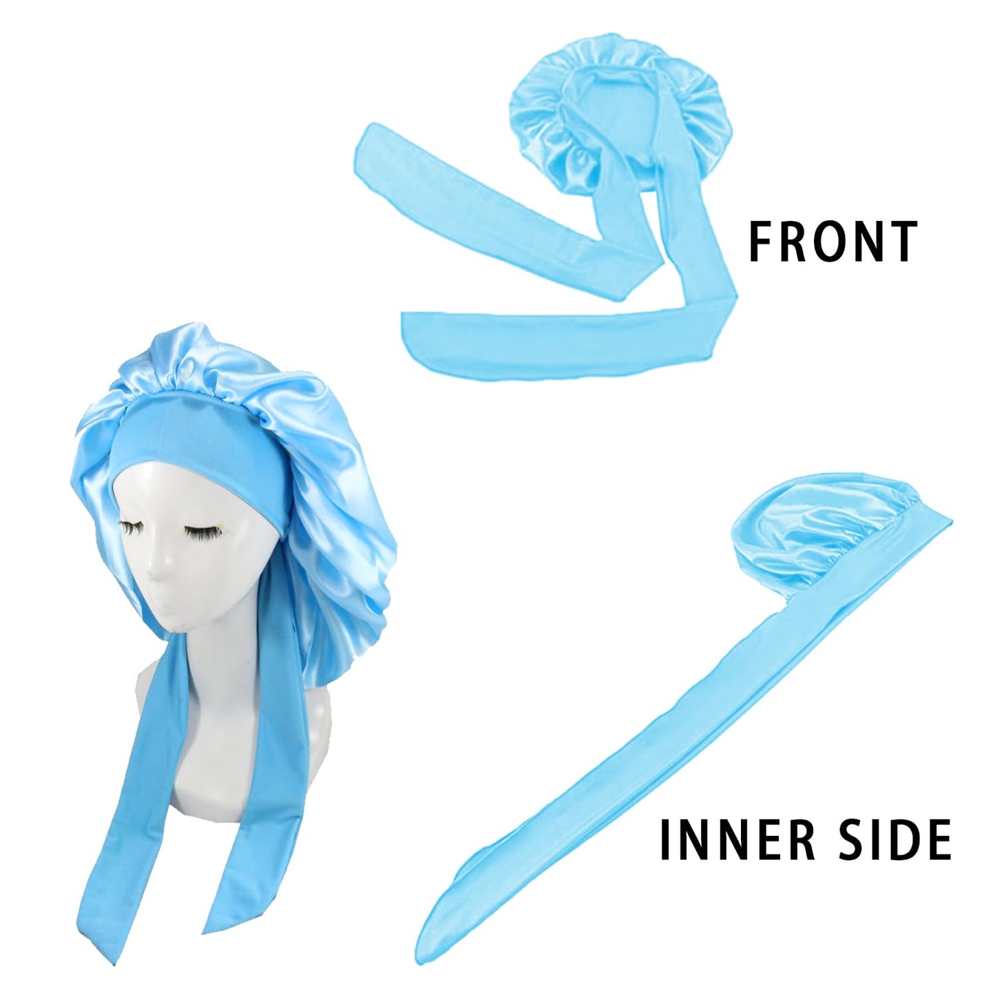 2PCS Satin Bonnet, Silk Bonnet Hair Wrap for Sleeping, Hair Bonnet for Bath, Tie Band for Women Long Curly Braid Hair (Pink, Blue)