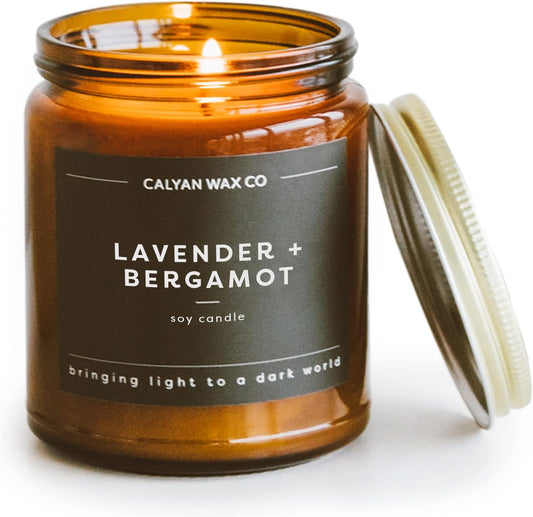 Calyan Wax Soy Wax Candle, Lavender & Bergamot Scented Candle for the Home | Premium Candles with Essential Oils | Soy Candles in Amber Glass Jar | Aromatherapy Gift