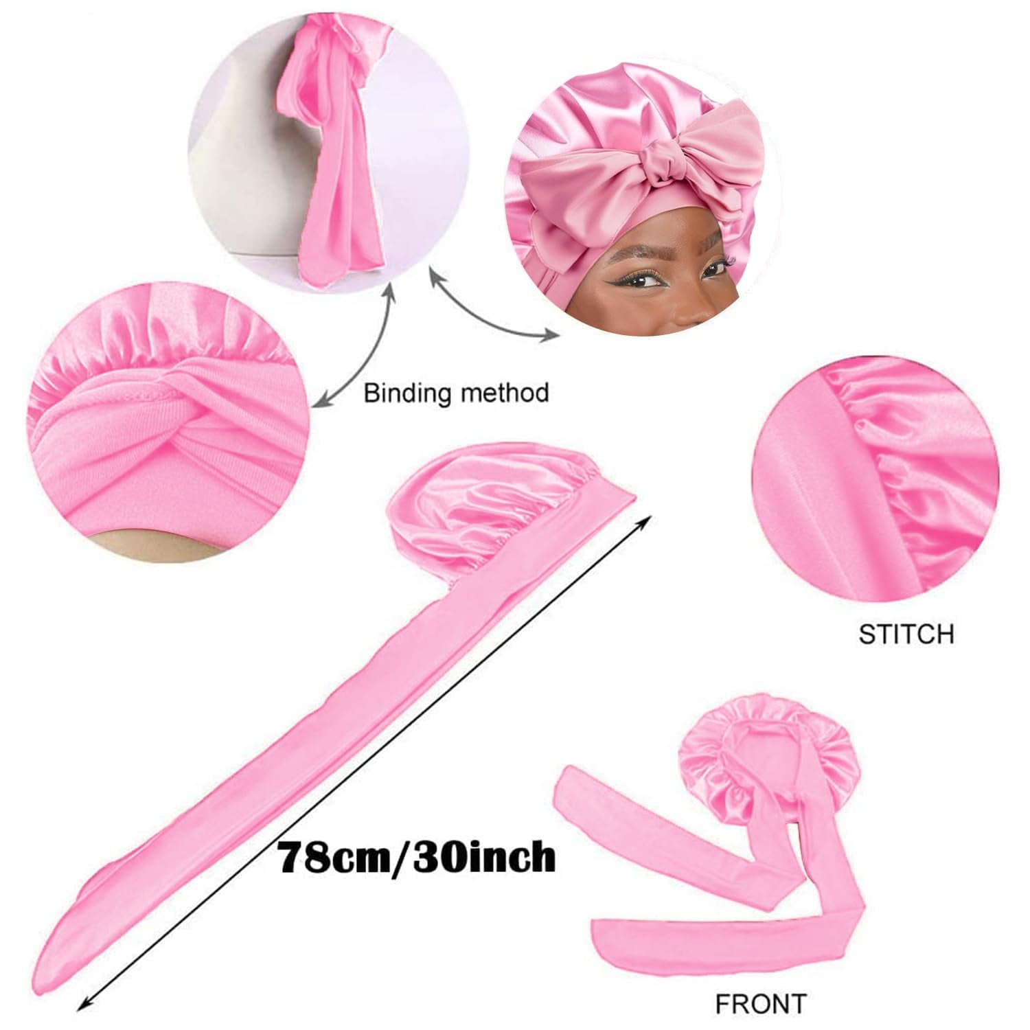 2PCS Satin Bonnet, Silk Bonnet Hair Wrap for Sleeping, Hair Bonnet for Bath, Tie Band for Women Long Curly Braid Hair (Pink, Blue)