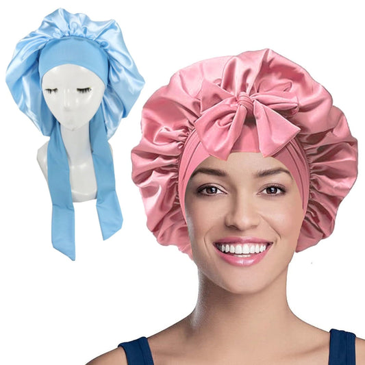 2PCS Satin Bonnet, Silk Bonnet Hair Wrap for Sleeping, Hair Bonnet for Bath, Tie Band for Women Long Curly Braid Hair (Pink, Blue)