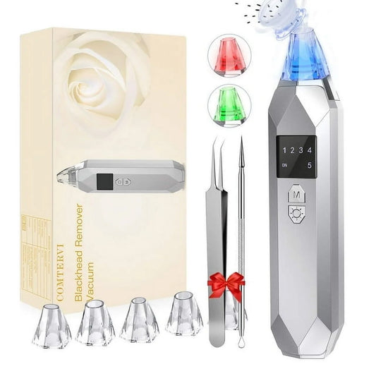 Blackhead Remover Kit Pore Cleaner Vacuum USB Rechargeable, Pore Vacuum Blackhead Remover in LED Screen-Skin Care Tool with 4 Suction Heads Replaceable #Silver