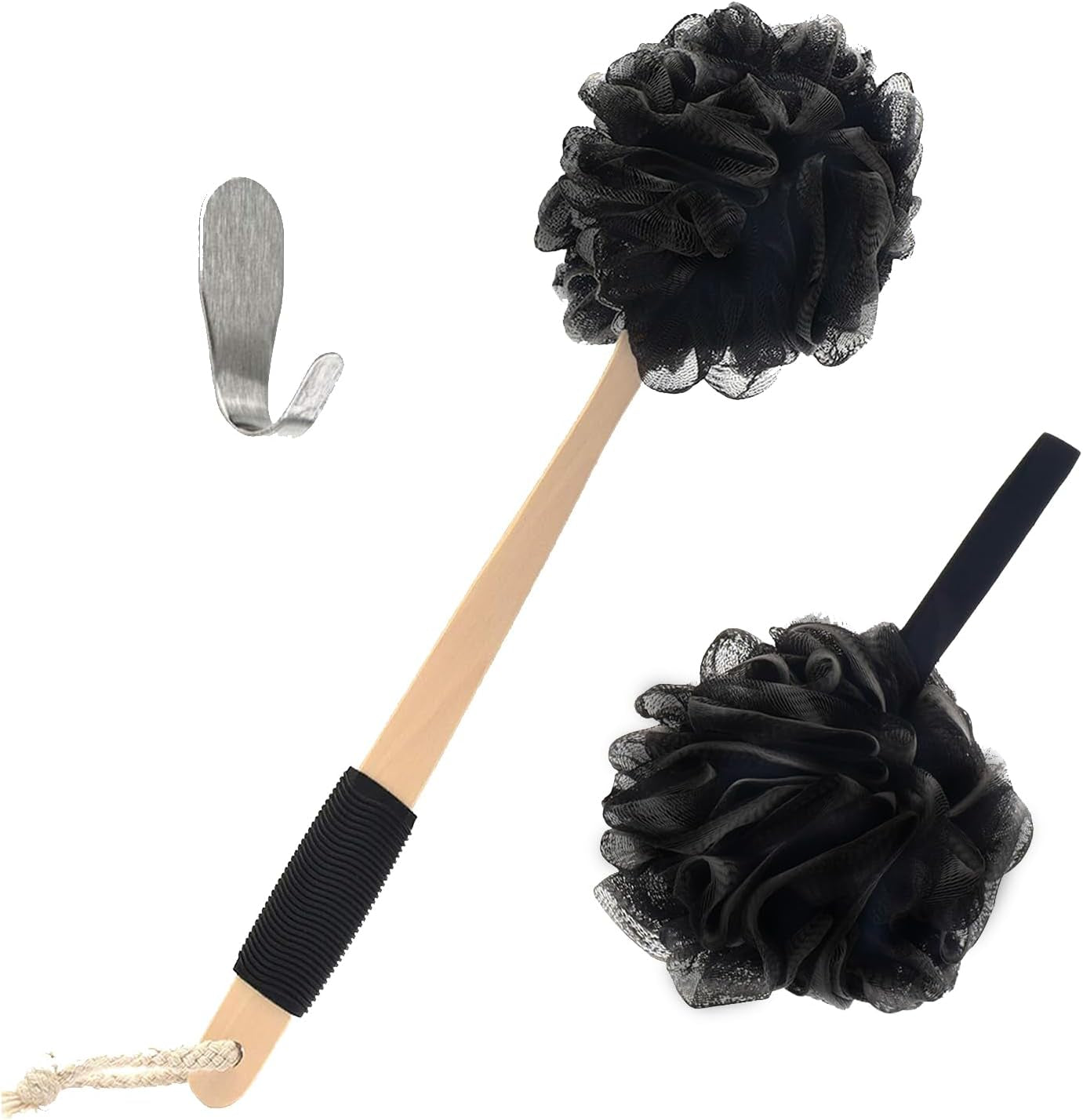 Loofah with Handle | Bamboo Charcoal Infused Loofah Back Scrubber for Shower | Exfoliating Back Loofah for Shower for Men & Women | Includes 1 Loofah on a Stick,1 Loofa Pouf and 1 Hook (Black)