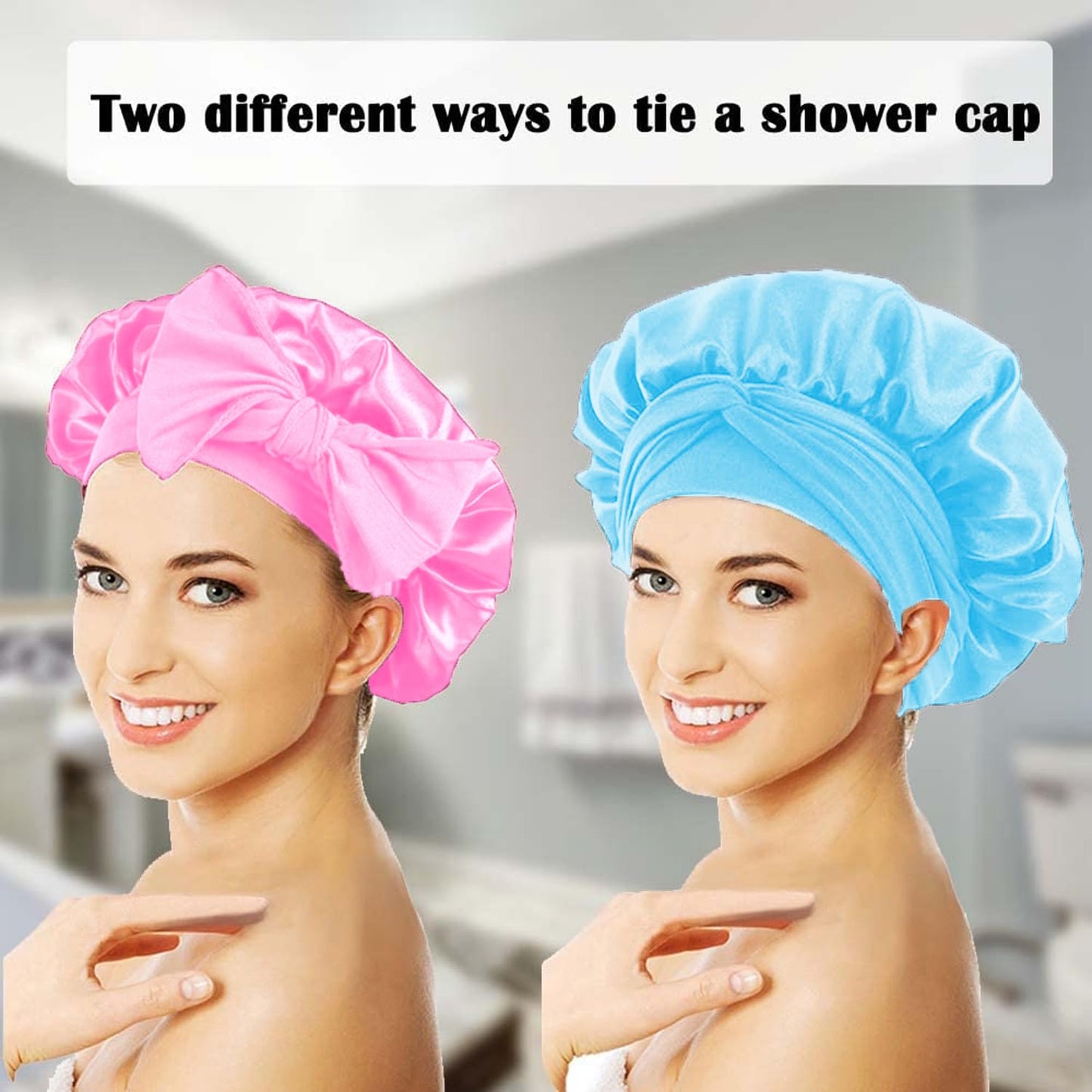 2PCS Satin Bonnet, Silk Bonnet Hair Wrap for Sleeping, Hair Bonnet for Bath, Tie Band for Women Long Curly Braid Hair (Pink, Blue)